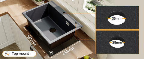 HOROW A09R-S6045B Granit Spülbecken Schwarz 60×45 cm