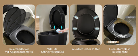 HOROW UG09R-B Wand-WC spülrandlos | WC Sitz mit Absenkautomatik | Superspin Spülung | schwarz | Geräuscharmes Spülen | Keramik