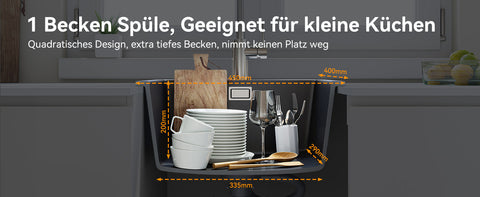 HOROW A02R-S4540B Granit Spüle Schwarz 45×40 cm