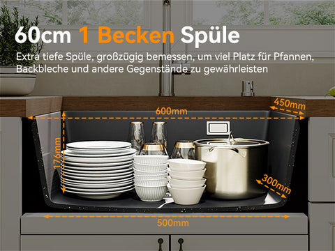 HOROW A09R-S6045B Granit Spülbecken Schwarz 60×45 cm