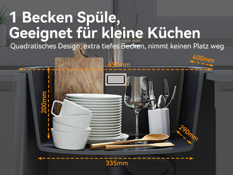 HOROW A02R-S4540B Granit Spüle Schwarz 45×40 cm