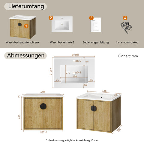HOROW Y60-H2 Waschbecken und Unterschrank 60cm Badmöbel Set