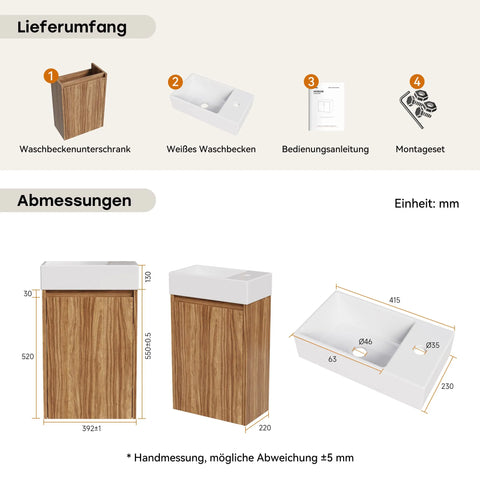 HOROW Y40-H1 Waschbecken mit 40 cm Hängendem Unterschrank, Dunkelbraun