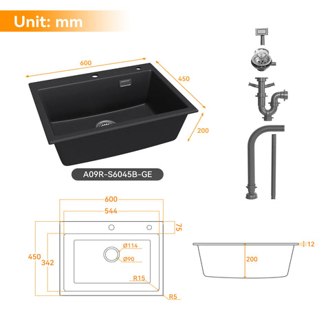 HOROW A09R-S6045B Granit Spülbecken Schwarz 60×45 cm